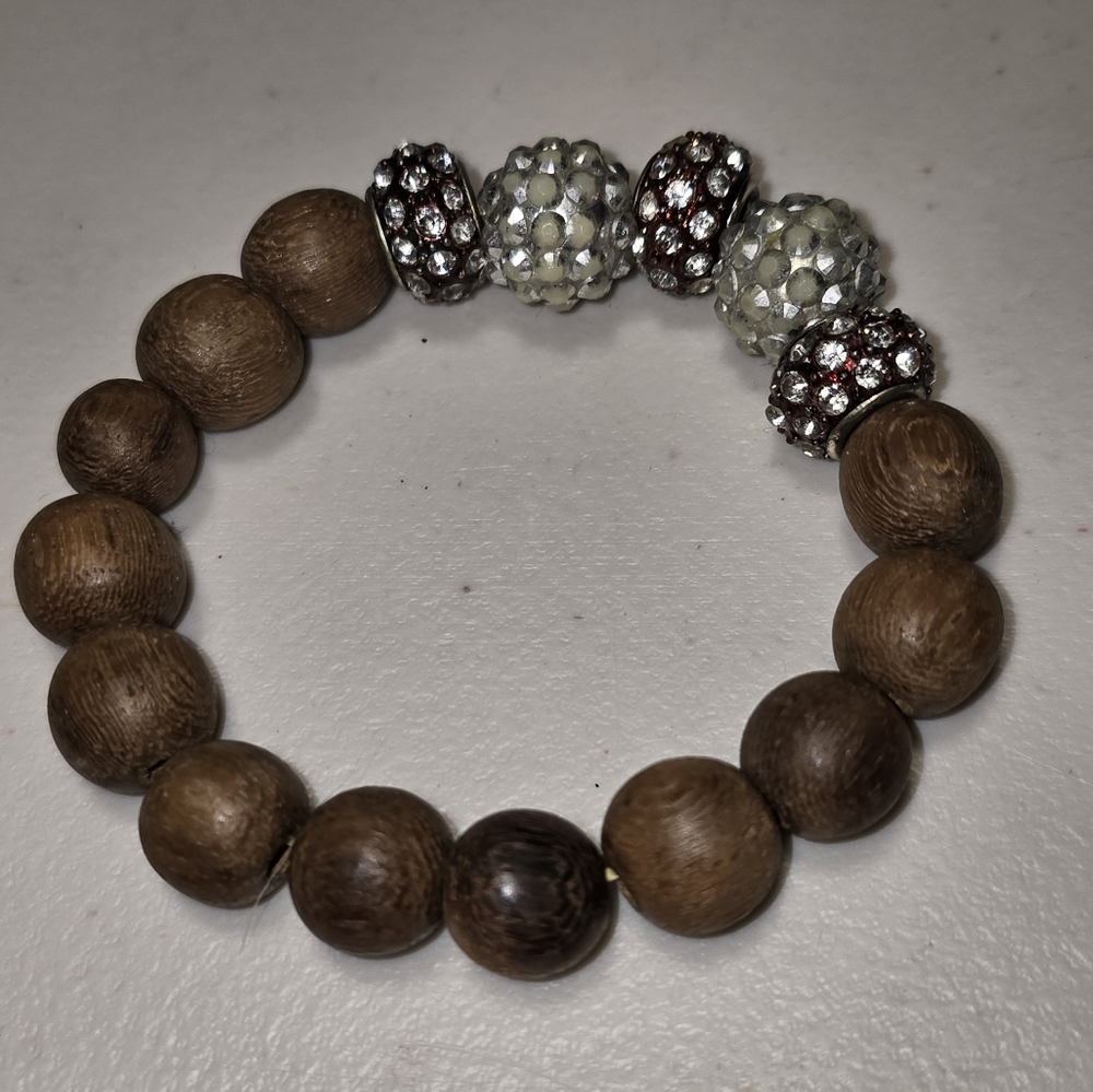 Vtg Handmade Natural Wooden Beaded with Disco Ball Rhinestone Beads Lot 5